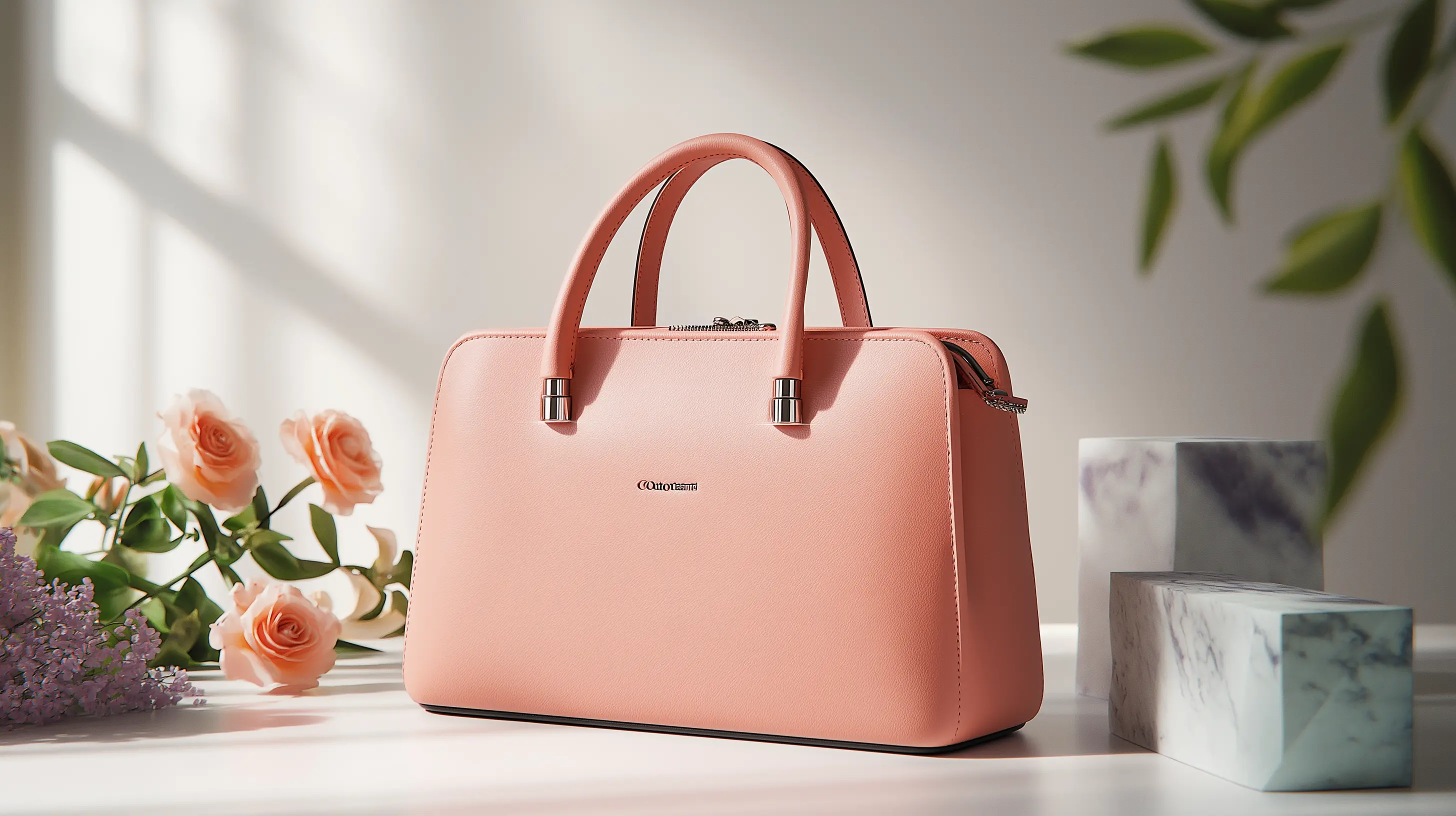 Stylish peach-colored leather bag